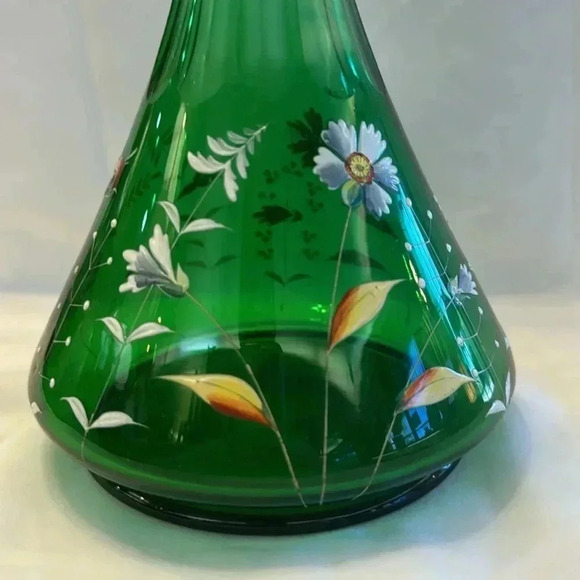 Victorian Glass Bohemian Green Floral Decanter Hand Painted - Picture 4 of 6